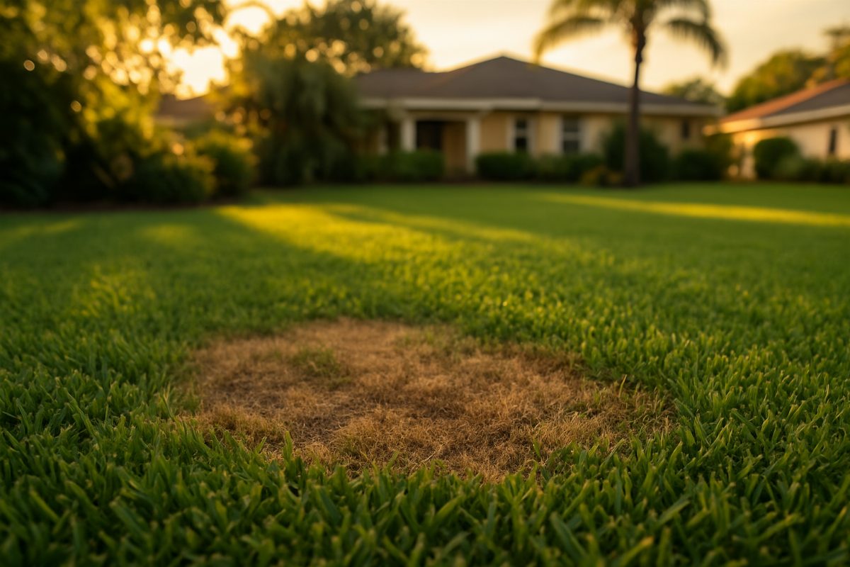 Brown patch fungus on a Manatee County lawn
