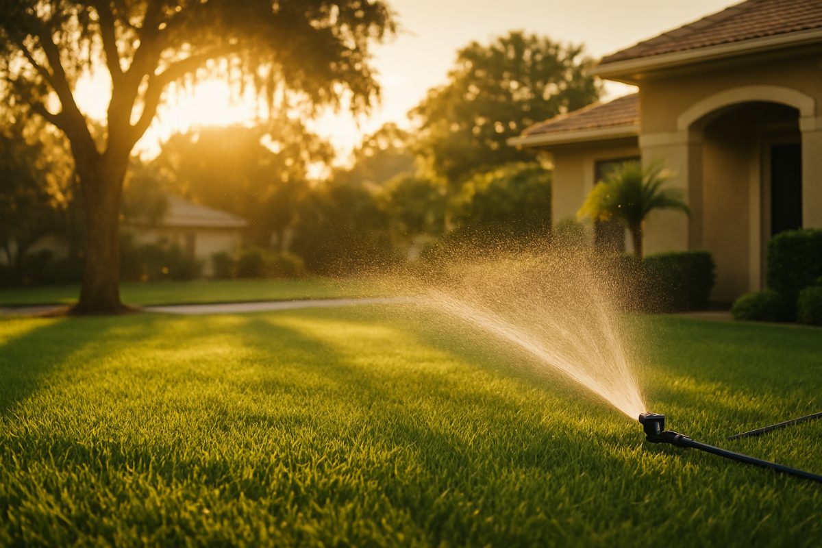Watering a healthy Florida lawn in the early morning