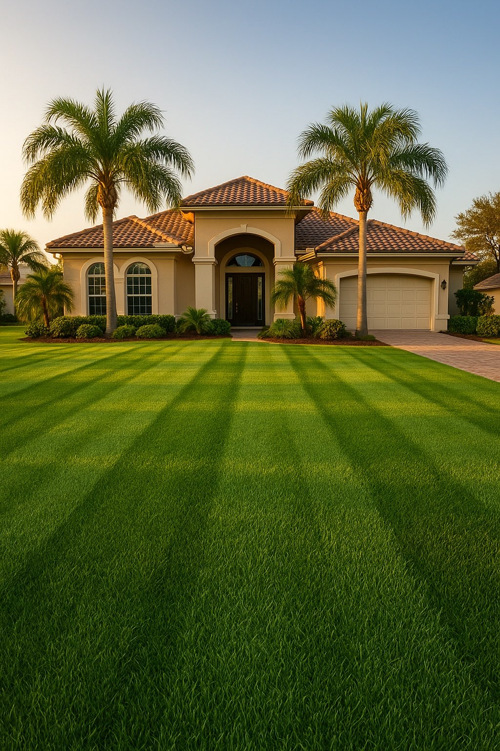A freshly mowed, healthy Florida lawn at golden hour in Manatee County