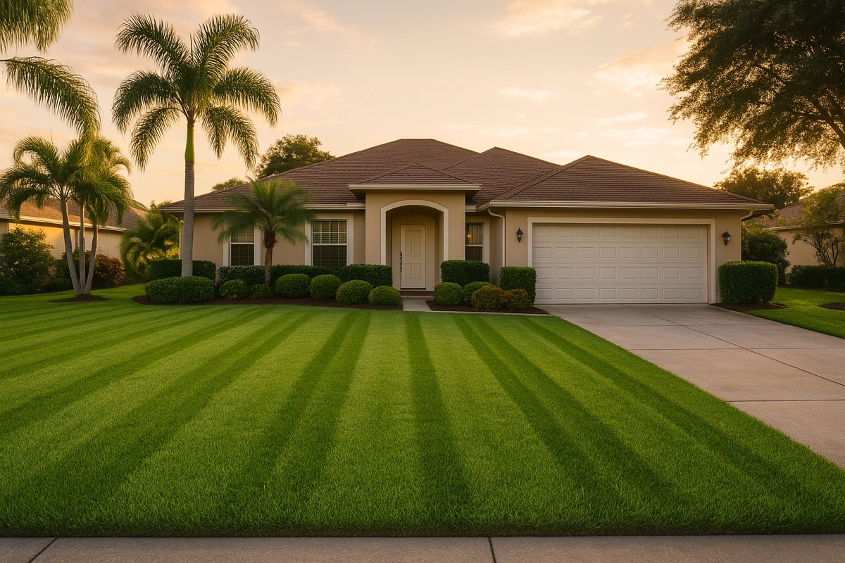 A fully cared-for Florida lawn at golden hour